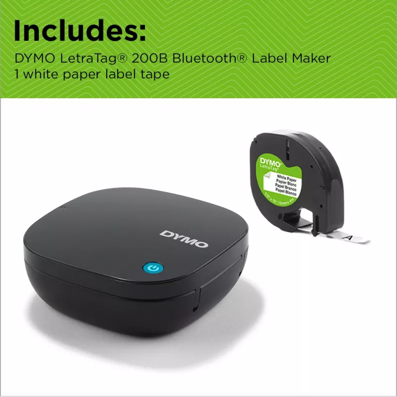 DYMO LetraTag 200B Bluetooth sildiprinter | Kompaktne sildiprinter | Ühendub Bluetooth juhtmevaba tehnoloogia abil iOS-i ja Androidiga | Komplektis 1 valge pabersildilint | Must