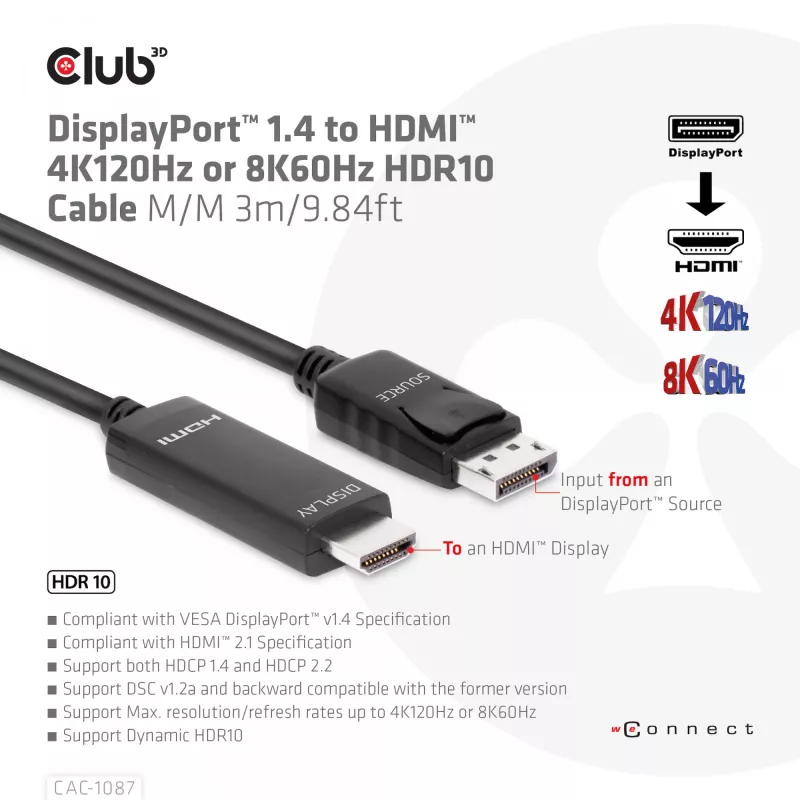 CLUB3D DisplayPort 1.4 HDMI-le 4K120Hz või 8K60Hz HDR10 kaabel M/M 3m