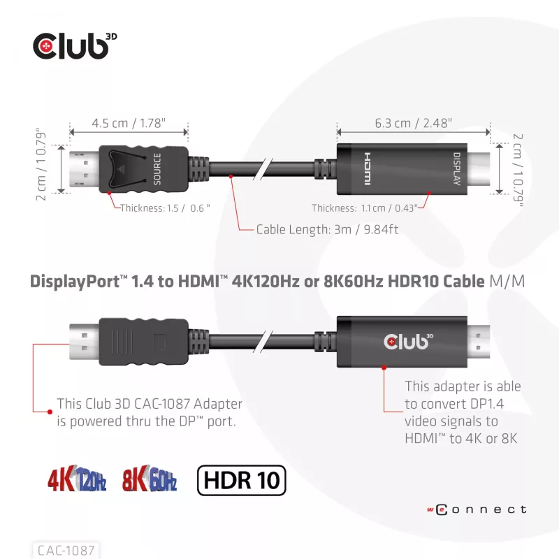 CLUB3D DisplayPort 1.4 HDMI-le 4K120Hz või 8K60Hz HDR10 kaabel M/M 3m