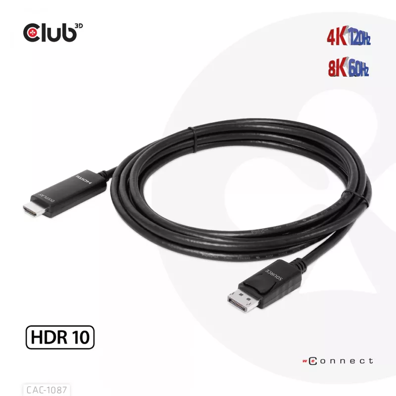 CLUB3D DisplayPort 1.4 HDMI-le 4K120Hz või 8K60Hz HDR10 kaabel M/M 3m