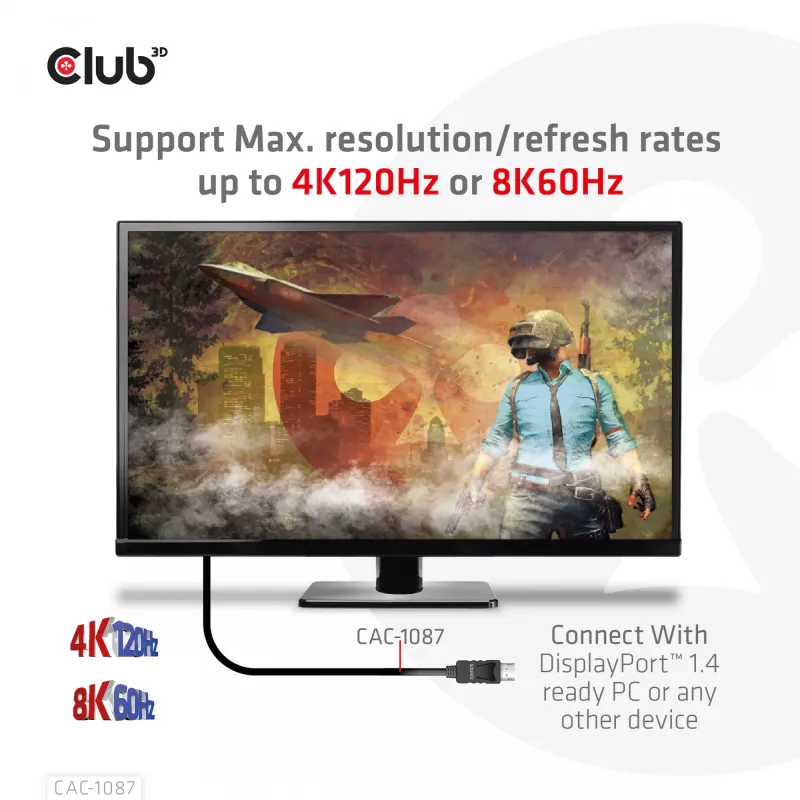 CLUB3D DisplayPort 1.4 HDMI-le 4K120Hz või 8K60Hz HDR10 kaabel M/M 3m