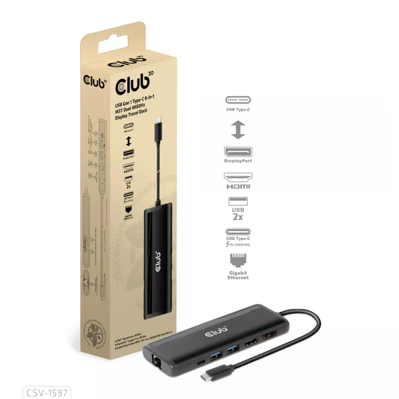 CLUB3D USB Gen 1 USB-C 8-in-1 MST Dual 4K60Hz Display Travel Dock