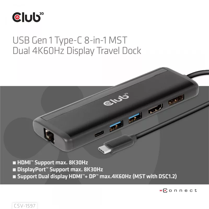 CLUB3D USB Gen 1 USB-C 8-in-1 MST Dual 4K60Hz Display Travel Dock