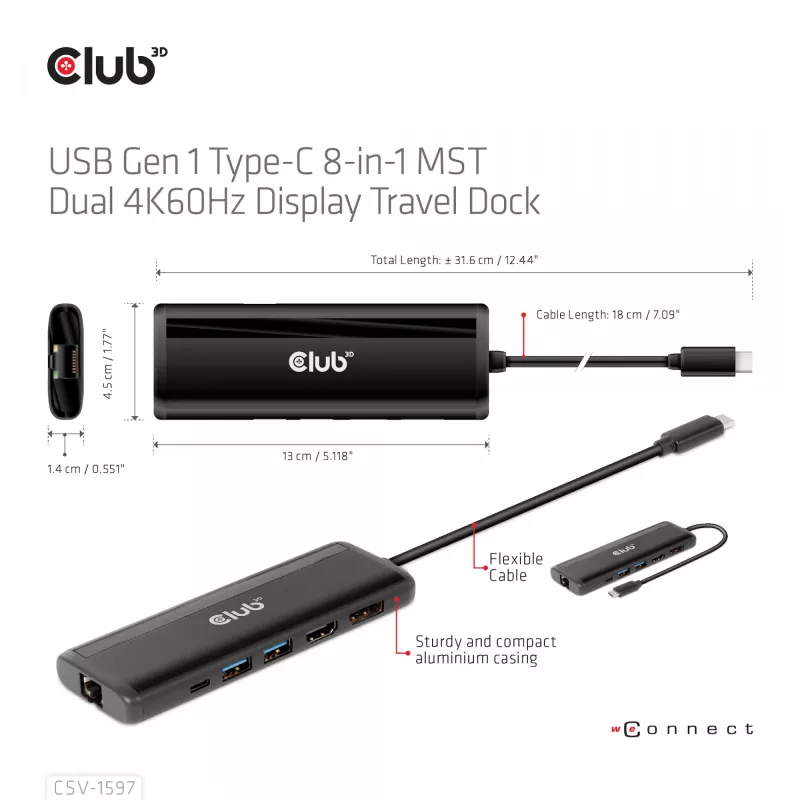 CLUB3D USB Gen 1 USB-C 8-in-1 MST Dual 4K60Hz Display Travel Dock
