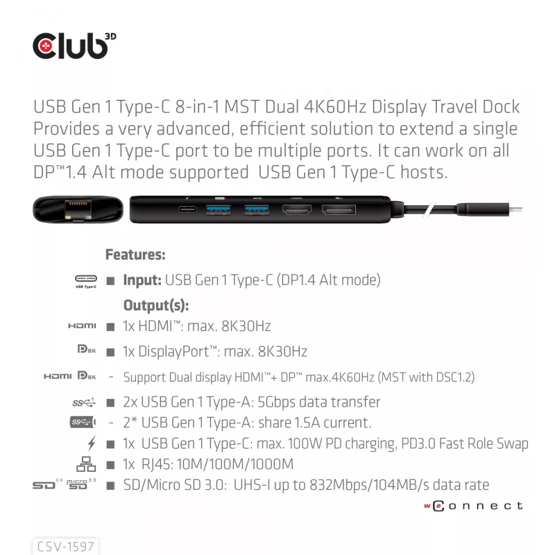 CLUB3D USB Gen 1 USB-C 8-in-1 MST Dual 4K60Hz Display Travel Dock