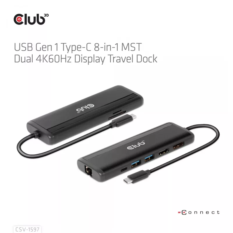 CLUB3D USB Gen 1 USB-C 8-in-1 MST Dual 4K60Hz Display Travel Dock
