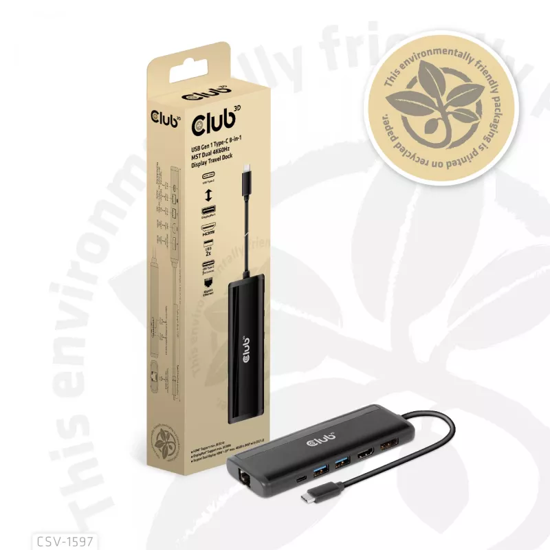 CLUB3D USB Gen 1 USB-C 8-in-1 MST Dual 4K60Hz Display Travel Dock