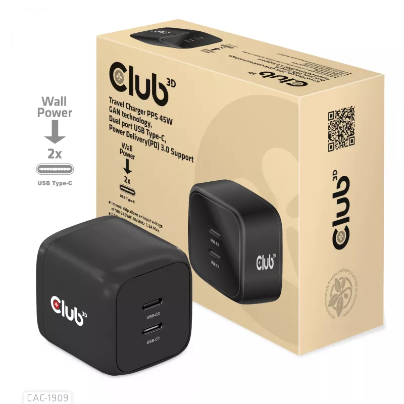 CLUB3D reisilaadija PPS 45W GaN-tehnoloogia, kahe USB Type-C pordiga, Power Delivery (PD) 3.0 tugi