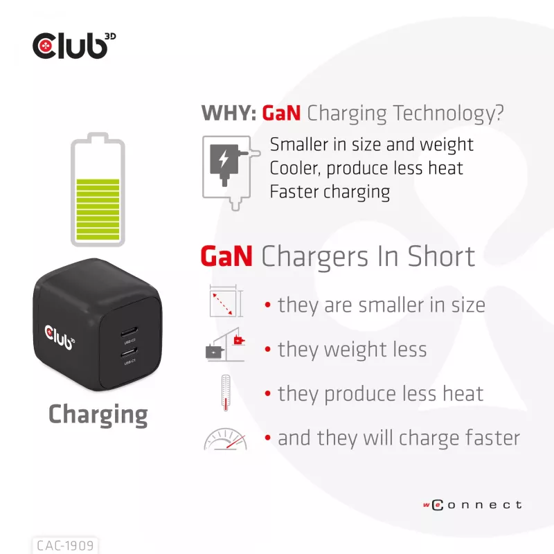 CLUB3D reisilaadija PPS 45W GaN-tehnoloogia, kahe USB Type-C pordiga, Power Delivery (PD) 3.0 tugi