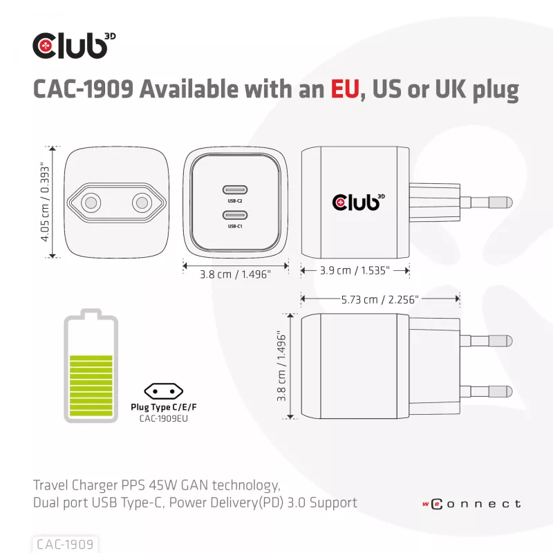 CLUB3D reisilaadija PPS 45W GaN-tehnoloogia, kahe USB Type-C pordiga, Power Delivery (PD) 3.0 tugi