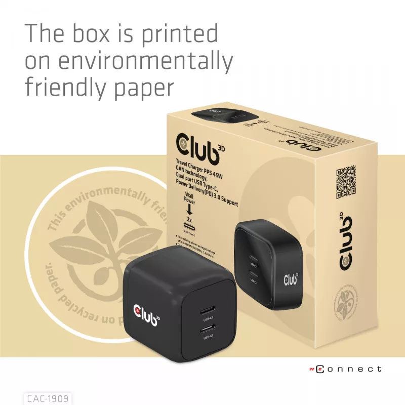 CLUB3D reisilaadija PPS 45W GaN-tehnoloogia, kahe USB Type-C pordiga, Power Delivery (PD) 3.0 tugi