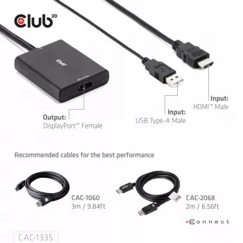 CLUB3D HDMI + Micro USB to DisplayPort™ 4K120Hz või 8K30Hz M/F aktiivne adapter
