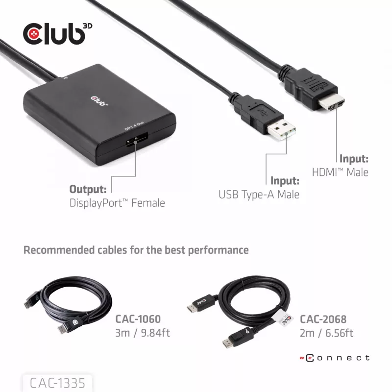 CLUB3D HDMI + Micro USB to DisplayPort™ 4K120Hz või 8K30Hz M/F aktiivne adapter