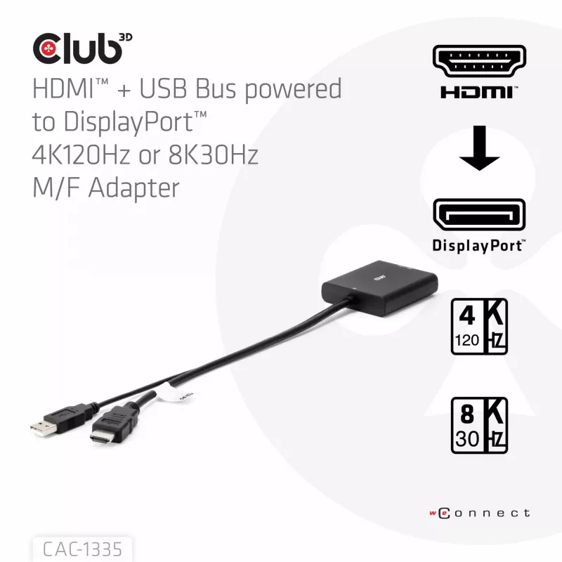 CLUB3D HDMI + Micro USB to DisplayPort™ 4K120Hz või 8K30Hz M/F aktiivne adapter