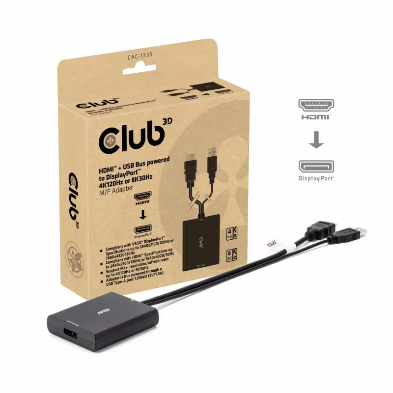 CLUB3D HDMI + Micro USB to DisplayPort™ 4K120Hz või 8K30Hz M/F aktiivne adapter