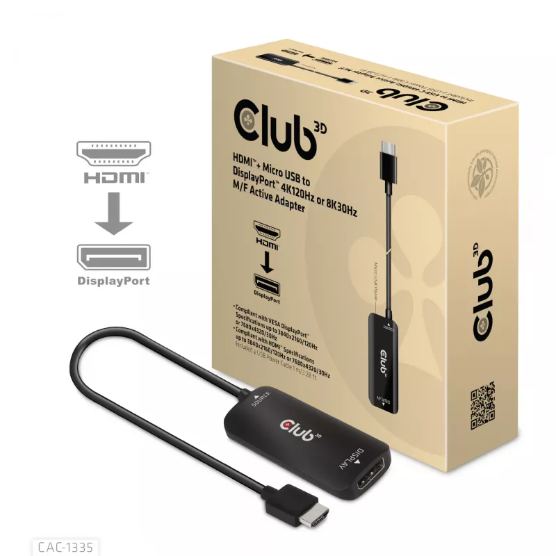 CLUB3D HDMI + Micro USB to DisplayPort™ 4K120Hz või 8K30Hz M/F aktiivne adapter