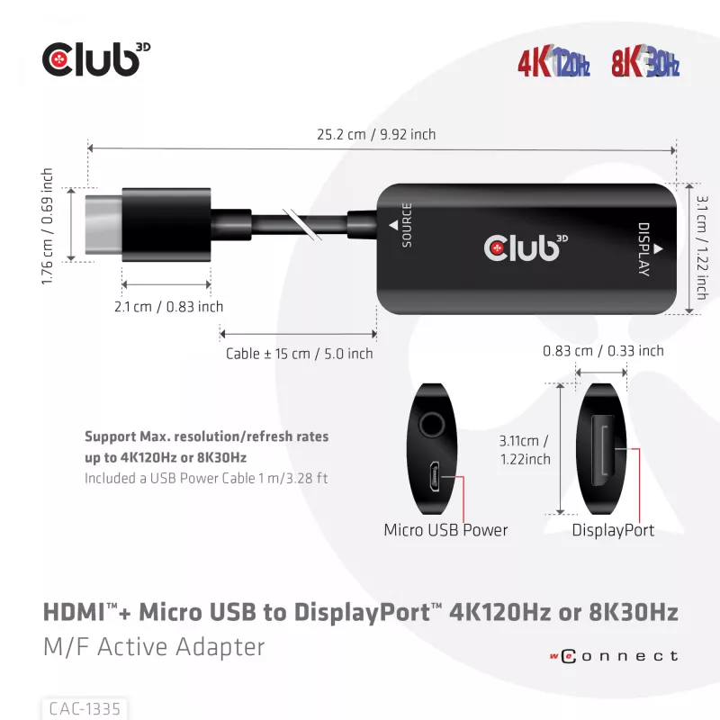 CLUB3D HDMI + Micro USB to DisplayPort™ 4K120Hz või 8K30Hz M/F aktiivne adapter