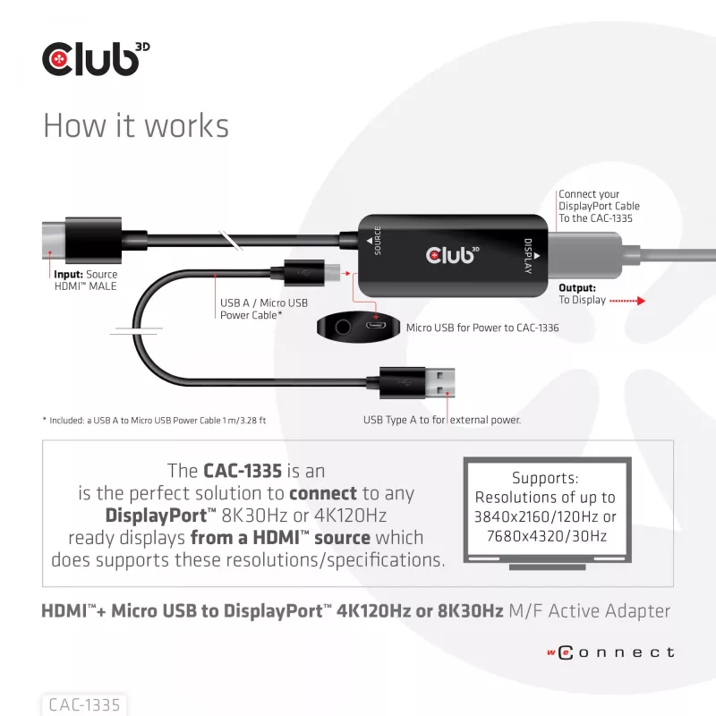 CLUB3D HDMI + Micro USB to DisplayPort™ 4K120Hz või 8K30Hz M/F aktiivne adapter