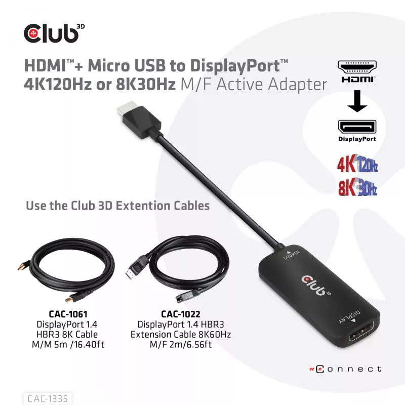 CLUB3D HDMI + Micro USB to DisplayPort™ 4K120Hz või 8K30Hz M/F aktiivne adapter