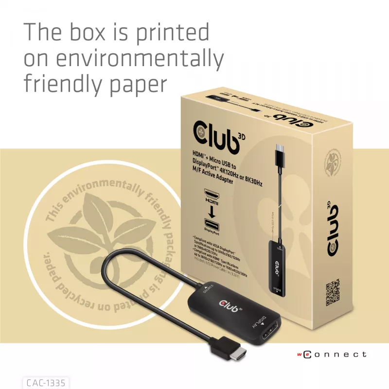 CLUB3D HDMI + Micro USB to DisplayPort™ 4K120Hz või 8K30Hz M/F aktiivne adapter