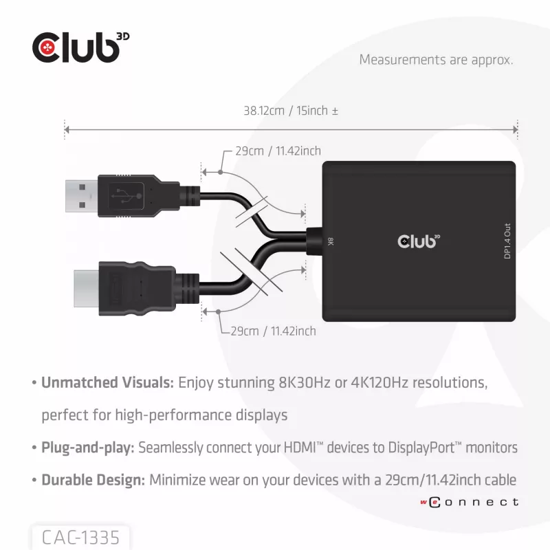CLUB3D HDMI + Micro USB to DisplayPort™ 4K120Hz või 8K30Hz M/F aktiivne adapter