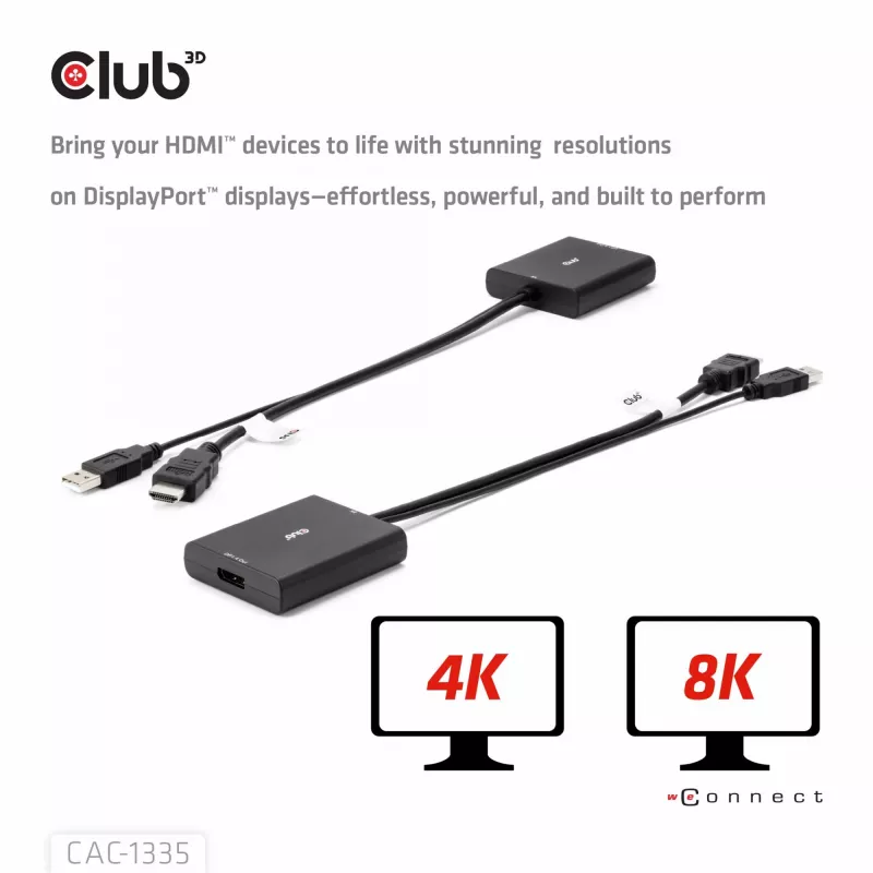 CLUB3D HDMI + Micro USB to DisplayPort™ 4K120Hz või 8K30Hz M/F aktiivne adapter