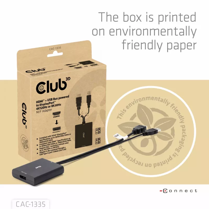 CLUB3D HDMI + Micro USB to DisplayPort™ 4K120Hz või 8K30Hz M/F aktiivne adapter