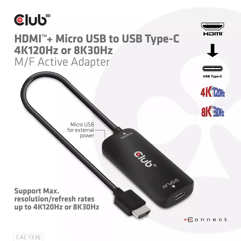 CLUB3D HDMI + Micro USB to USB Type-C 4K120Hz or 8K30Hz M/F Active Adapter