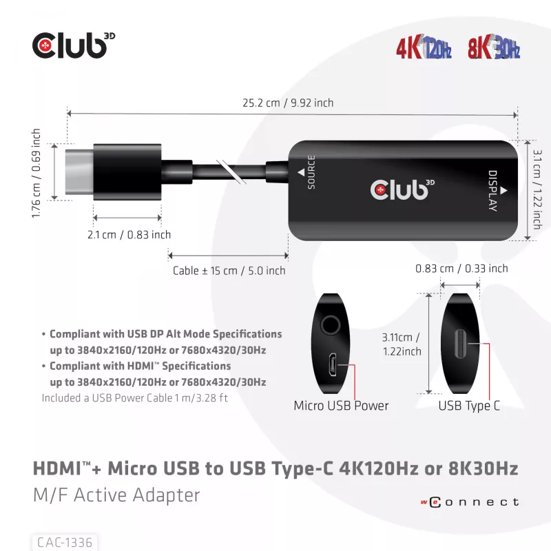 CLUB3D HDMI + Micro USB to USB Type-C 4K120Hz or 8K30Hz M/F Active Adapter