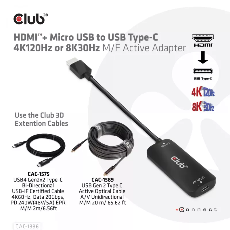 CLUB3D HDMI + Micro USB to USB Type-C 4K120Hz or 8K30Hz M/F Active Adapter