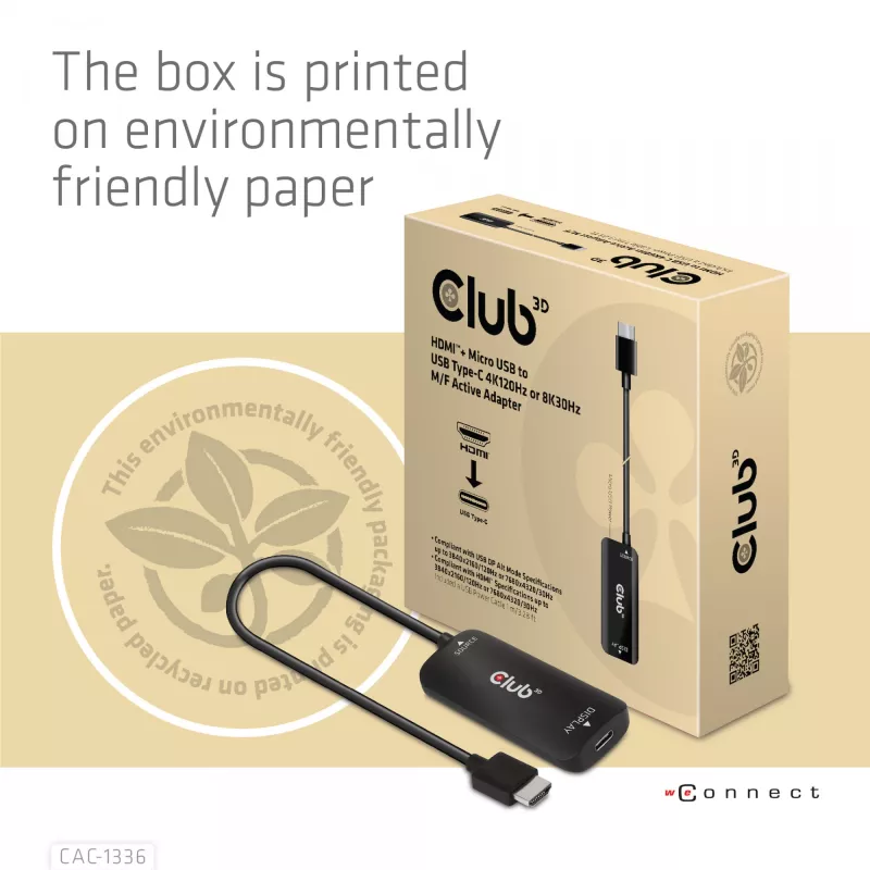CLUB3D HDMI + Micro USB to USB Type-C 4K120Hz or 8K30Hz M/F Active Adapter