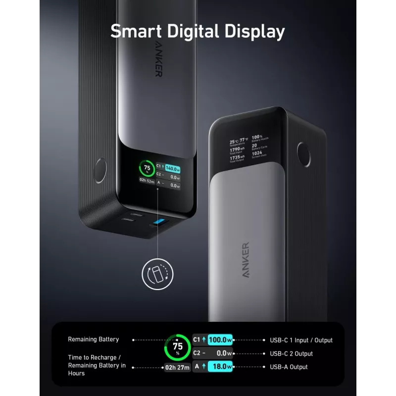 Kaasaskantav laadija Anker 737 (A1289011) — 24000 mAh, 140W, 2× USB-C + 1× USB-A, hõbe/must