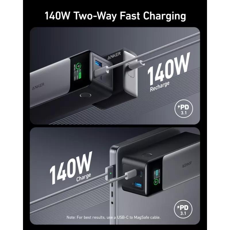 Kaasaskantav laadija Anker 737 (A1289011) — 24000 mAh, 140W, 2× USB-C + 1× USB-A, hõbe/must