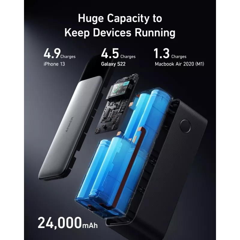 Kaasaskantav laadija Anker 737 (A1289011) — 24000 mAh, 140W, 2× USB-C + 1× USB-A, hõbe/must