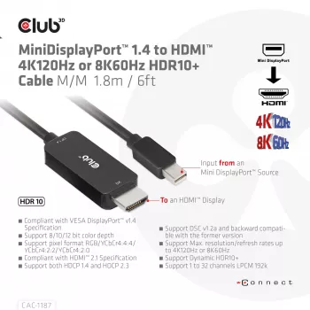 CLUB3D MiniDisplayPort 1.4 HDMI 4K120Hz või 8K60Hz HDR10+ kaabel M/M 1,8m / 6 jalga