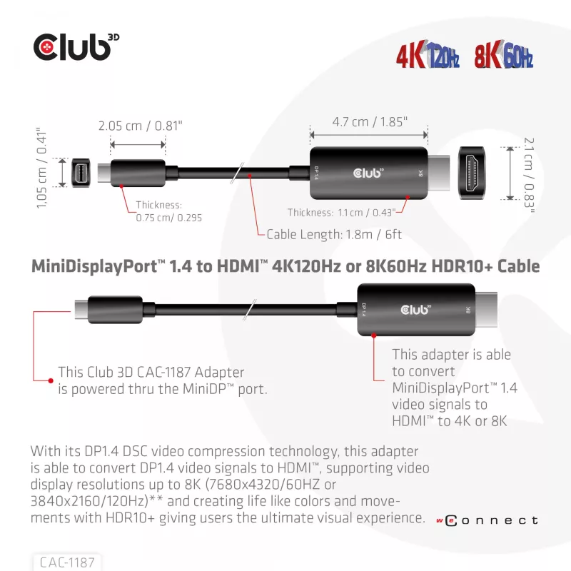 CLUB3D MiniDisplayPort 1.4 HDMI 4K120Hz või 8K60Hz HDR10+ kaabel M/M 1,8m / 6 jalga