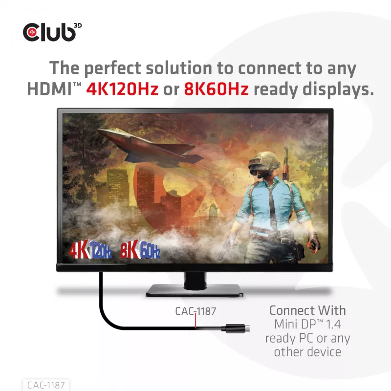 CLUB3D MiniDisplayPort 1.4 HDMI 4K120Hz või 8K60Hz HDR10+ kaabel M/M 1,8m / 6 jalga