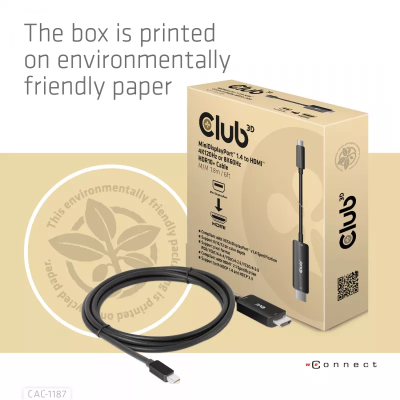CLUB3D MiniDisplayPort 1.4 HDMI 4K120Hz või 8K60Hz HDR10+ kaabel M/M 1,8m / 6 jalga