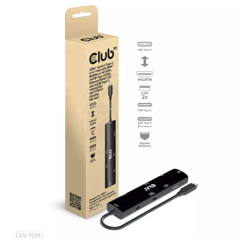 CLUB3D USB4™ Gen3x2 Type-C, 6-ühes jaotur HDMI™ 8K60Hz või 4K120Hz, 2xUSB Typee-A(10G), Ethernet RJ45(2.5G) ja 2xUSB Type-C, 1x Data(10G) ja 1xPD3.0 laadimine 100 W
