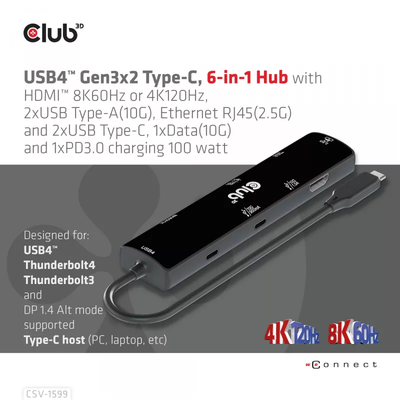 CLUB3D USB4™ Gen3x2 Type-C, 6-ühes jaotur HDMI™ 8K60Hz või 4K120Hz, 2xUSB Typee-A(10G), Ethernet RJ45(2.5G) ja 2xUSB Type-C, 1x Data(10G) ja 1xPD3.0 laadimine 100 W