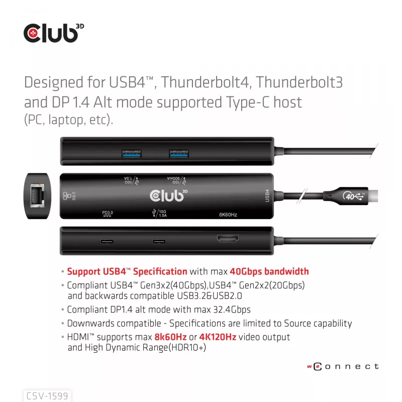 CLUB3D USB4™ Gen3x2 Type-C, 6-ühes jaotur HDMI™ 8K60Hz või 4K120Hz, 2xUSB Typee-A(10G), Ethernet RJ45(2.5G) ja 2xUSB Type-C, 1x Data(10G) ja 1xPD3.0 laadimine 100 W