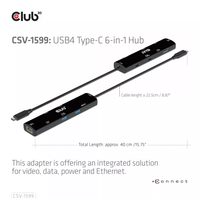 CLUB3D USB4™ Gen3x2 Type-C, 6-ühes jaotur HDMI™ 8K60Hz või 4K120Hz, 2xUSB Typee-A(10G), Ethernet RJ45(2.5G) ja 2xUSB Type-C, 1x Data(10G) ja 1xPD3.0 laadimine 100 W