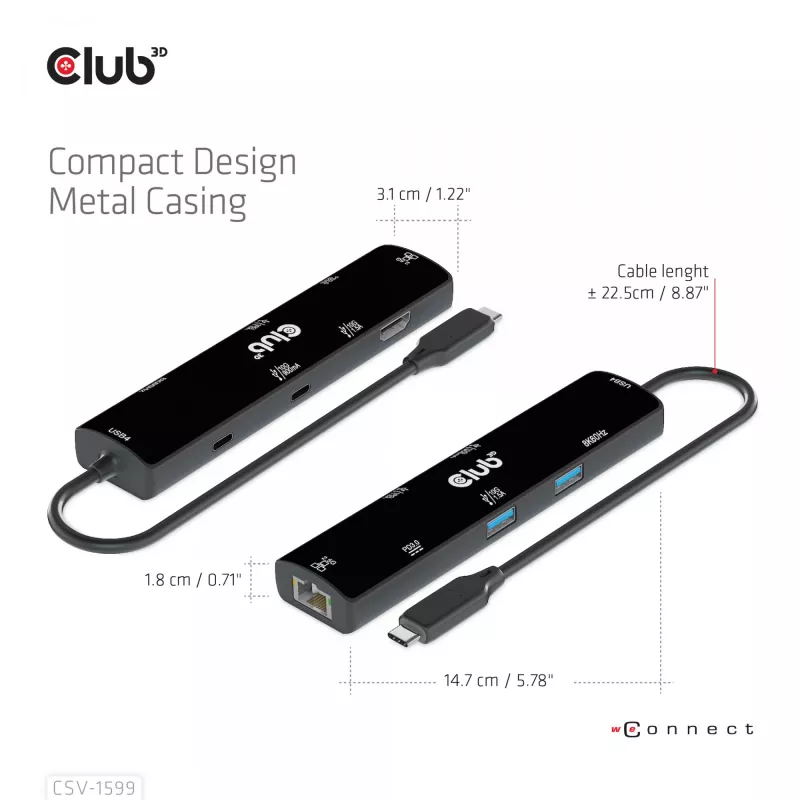 CLUB3D USB4™ Gen3x2 Type-C, 6-ühes jaotur HDMI™ 8K60Hz või 4K120Hz, 2xUSB Typee-A(10G), Ethernet RJ45(2.5G) ja 2xUSB Type-C, 1x Data(10G) ja 1xPD3.0 laadimine 100 W