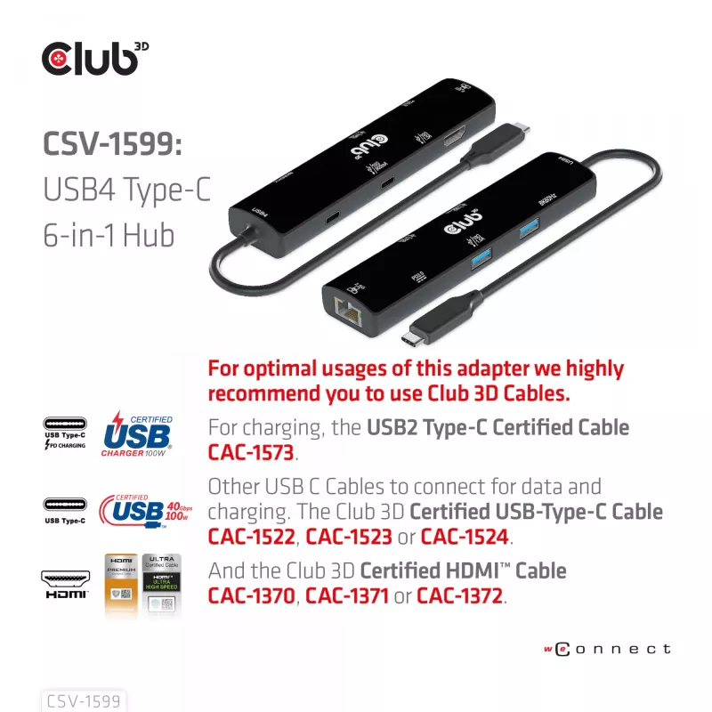 CLUB3D USB4™ Gen3x2 Type-C, 6-ühes jaotur HDMI™ 8K60Hz või 4K120Hz, 2xUSB Typee-A(10G), Ethernet RJ45(2.5G) ja 2xUSB Type-C, 1x Data(10G) ja 1xPD3.0 laadimine 100 W