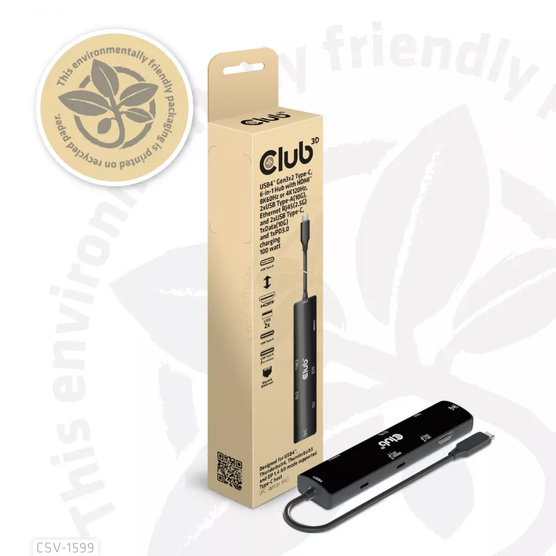 CLUB3D USB4™ Gen3x2 Type-C, 6-ühes jaotur HDMI™ 8K60Hz või 4K120Hz, 2xUSB Typee-A(10G), Ethernet RJ45(2.5G) ja 2xUSB Type-C, 1x Data(10G) ja 1xPD3.0 laadimine 100 W