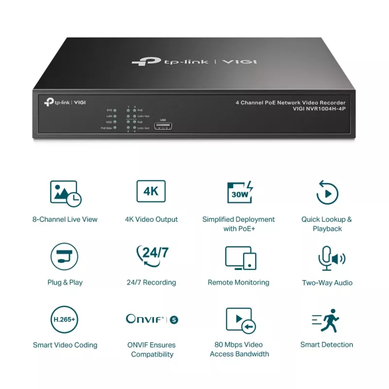 TP-Link VIGI 4 kanaliga PoE+ võrgu videosalvesti