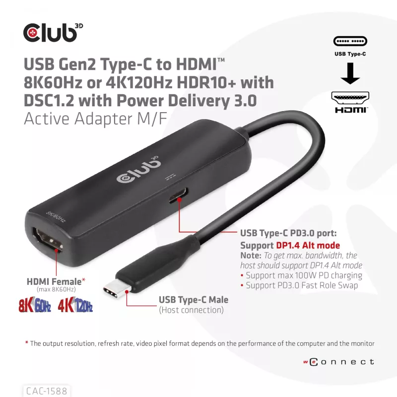 CLUB3D USB Gen2 Type-C HDMI™ 8K60Hz või 4K120Hz HDR10+ DSC1.2 toiteedastusega 3.0 aktiivadapter M/F