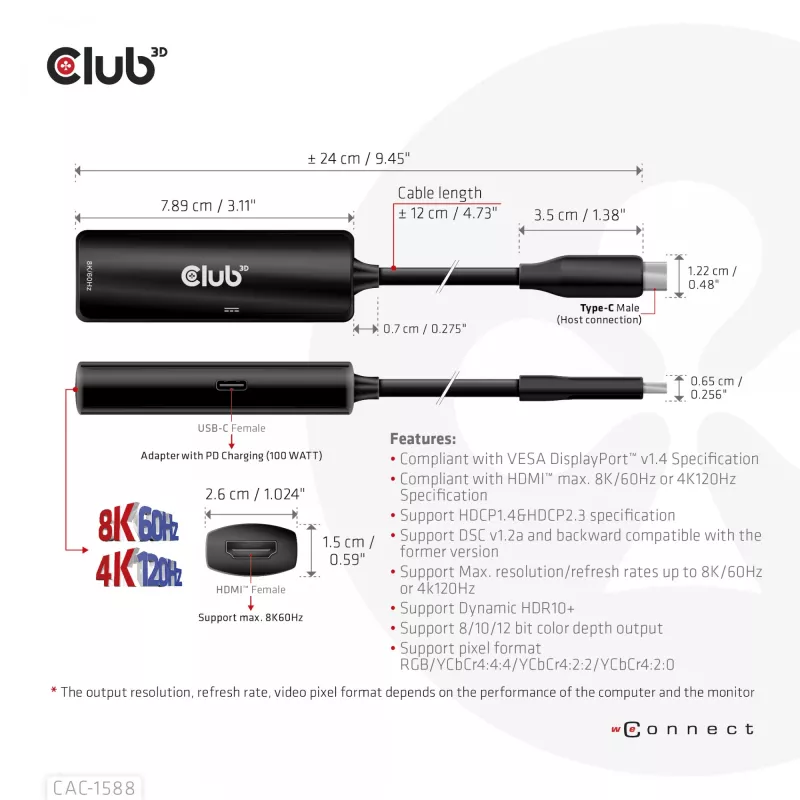 CLUB3D USB Gen2 Type-C HDMI™ 8K60Hz või 4K120Hz HDR10+ DSC1.2 toiteedastusega 3.0 aktiivadapter M/F
