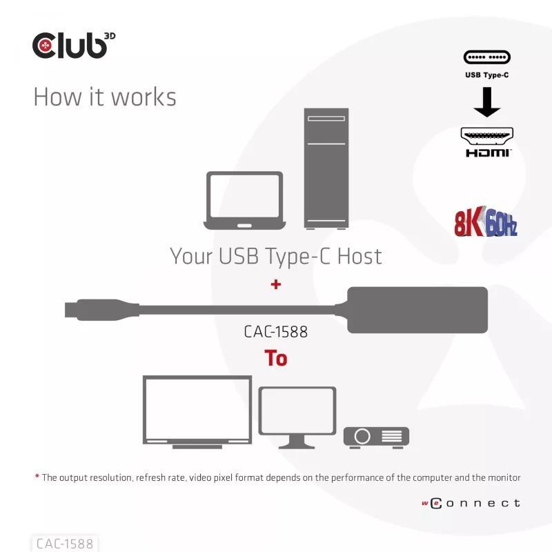 CLUB3D USB Gen2 Type-C HDMI™ 8K60Hz või 4K120Hz HDR10+ DSC1.2 toiteedastusega 3.0 aktiivadapter M/F