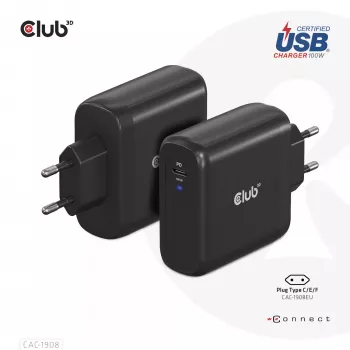 CLUB3D reisilaadija 100 W GaN-tehnoloogia, USB-IF TID sertifitseeritud, üks USB USB-C port, Power Delivery (PD) 3.0 tugi